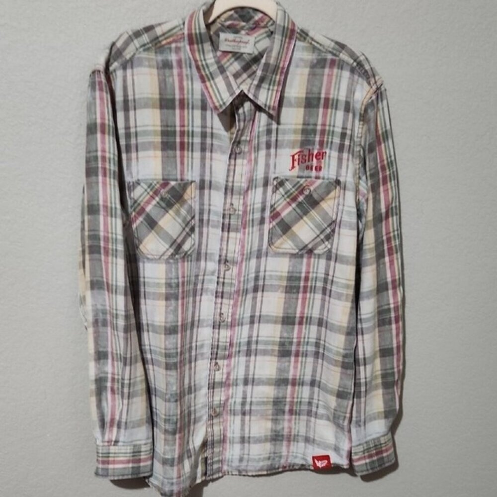 Weatherproof Shirt Vintage Fisher Beer Mens Large Plaid Button Up